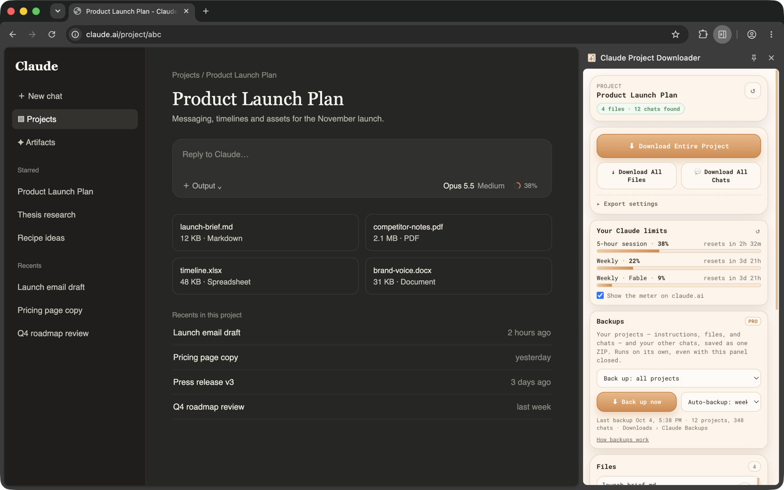 A Claude project page with the Claude Project Downloader side panel open, showing the project name, 4 files and 12 chats found, and Download Entire Project, Download All Files and Download All Chats buttons